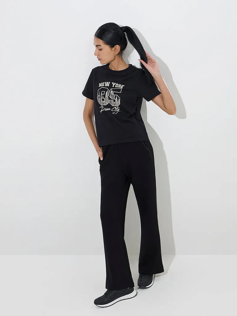 Studiofit Black Text Printed Cotton T-Shirt