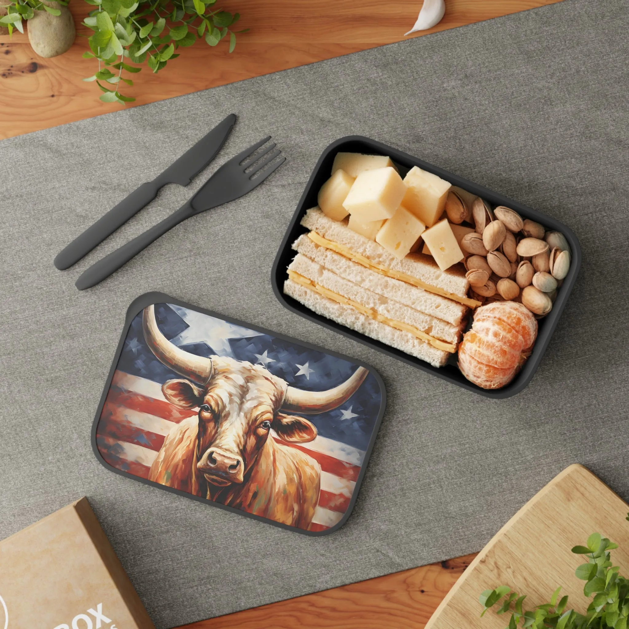 Texas Longhorn in Front of Flag | PLA Bento Box with Band and Utensils