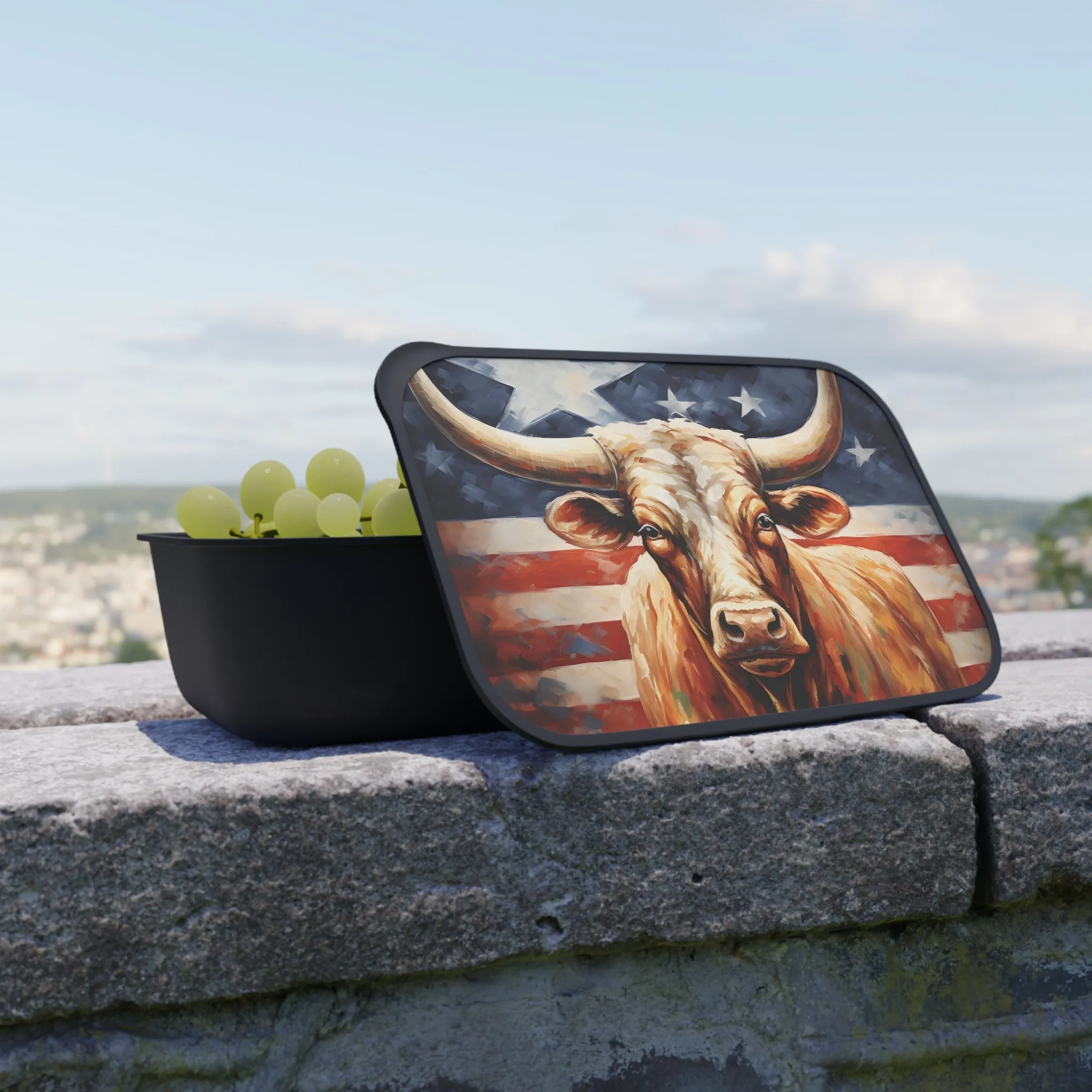 Texas Longhorn in Front of Flag | PLA Bento Box with Band and Utensils