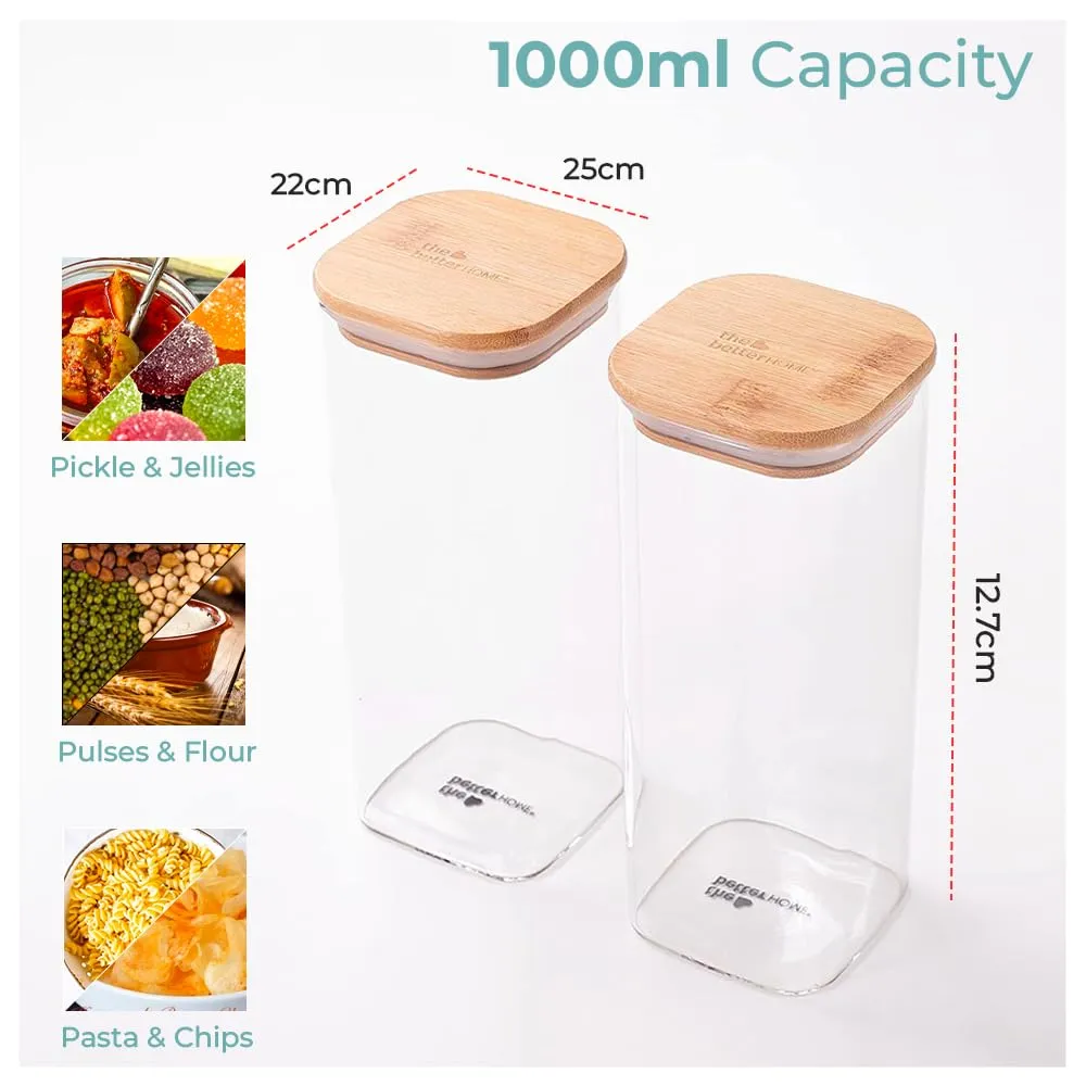 The Better Home Borosilicate Rectangular Glass Jar For Kitchen Storage|Container Set & Storage Box,Glass Container With Lid|Air Tight Containers For Kitchen Storage (Pack Of 6 (1000Ml)) - Transparent