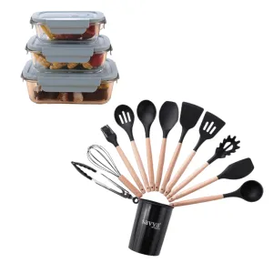 The Better Home Tall Jars 1000ml (Pack of 6) Food Jars |Storage For Kitchen & Savya-12 Pcs Kitchen Utensils Set (Black)-Silicone |Pack and Store Combo (3 Containers (Blue)   12Pcs Utensil Set)