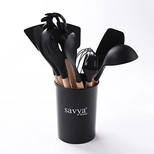 The Better Home Tall Jars 1000ml (Pack of 6) Food Jars |Storage For Kitchen & Savya-12 Pcs Kitchen Utensils Set (Black)-Silicone |Pack and Store Combo (3 Containers (Blue)   12Pcs Utensil Set)