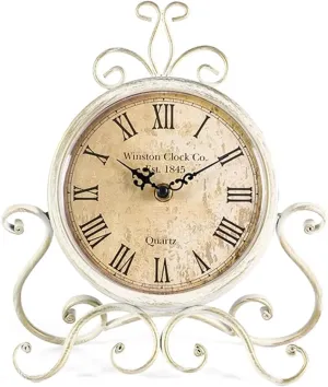 Thomson Handicraft Antique Style Table Clock, 10 Inch,Dial 6 Inch White Metal Frame, Roman Numerals, Vintage Design for Home, Office Decor (Antique)