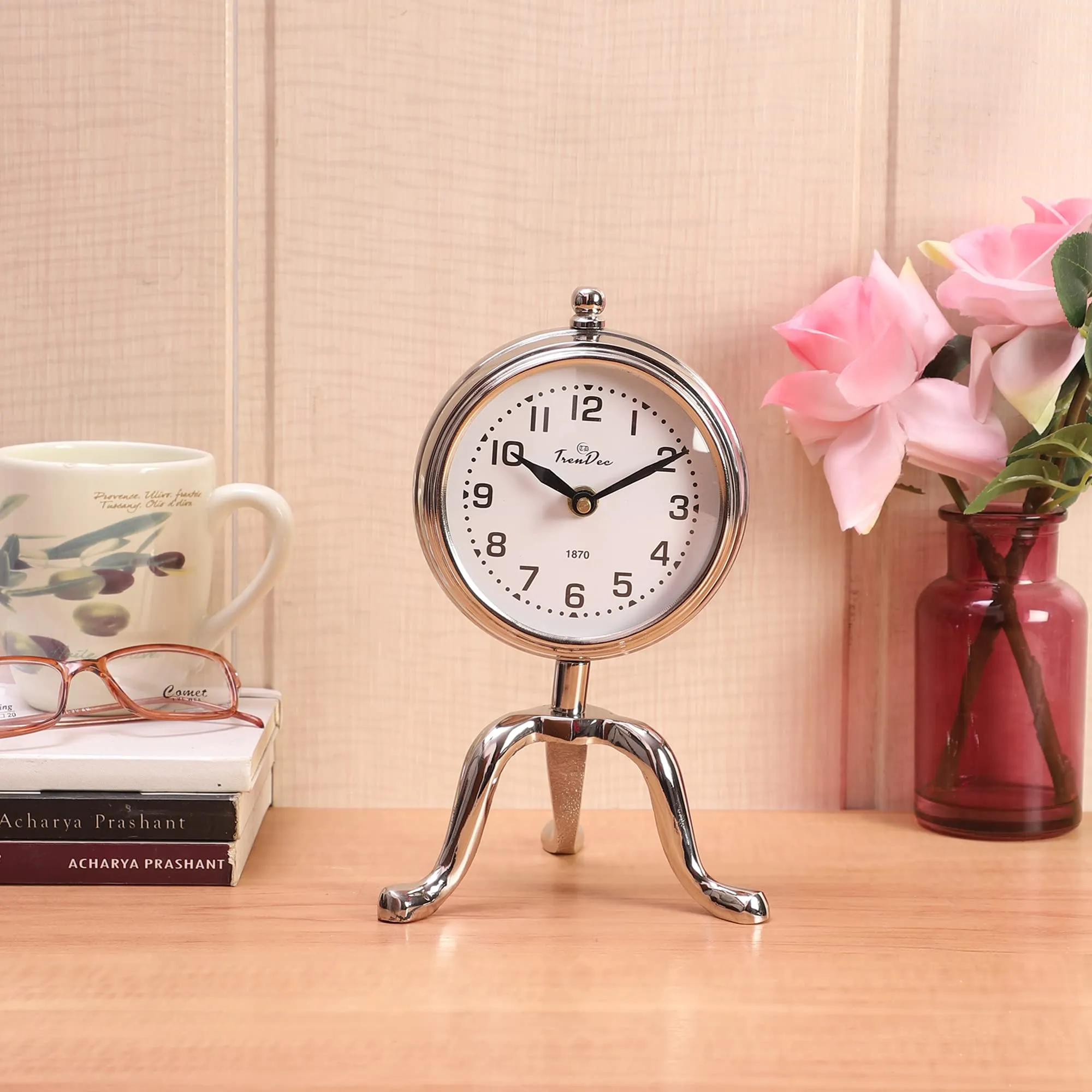 TrenDec Aluminium Metal Round Silver Finish 9" Height " Table Analog Clock For Bedroom & Office Desk | Analog Table Clock | Kitchen Office Clock | Tableware Clock (Silver Vintage-Dia: 9 Inch Height)
