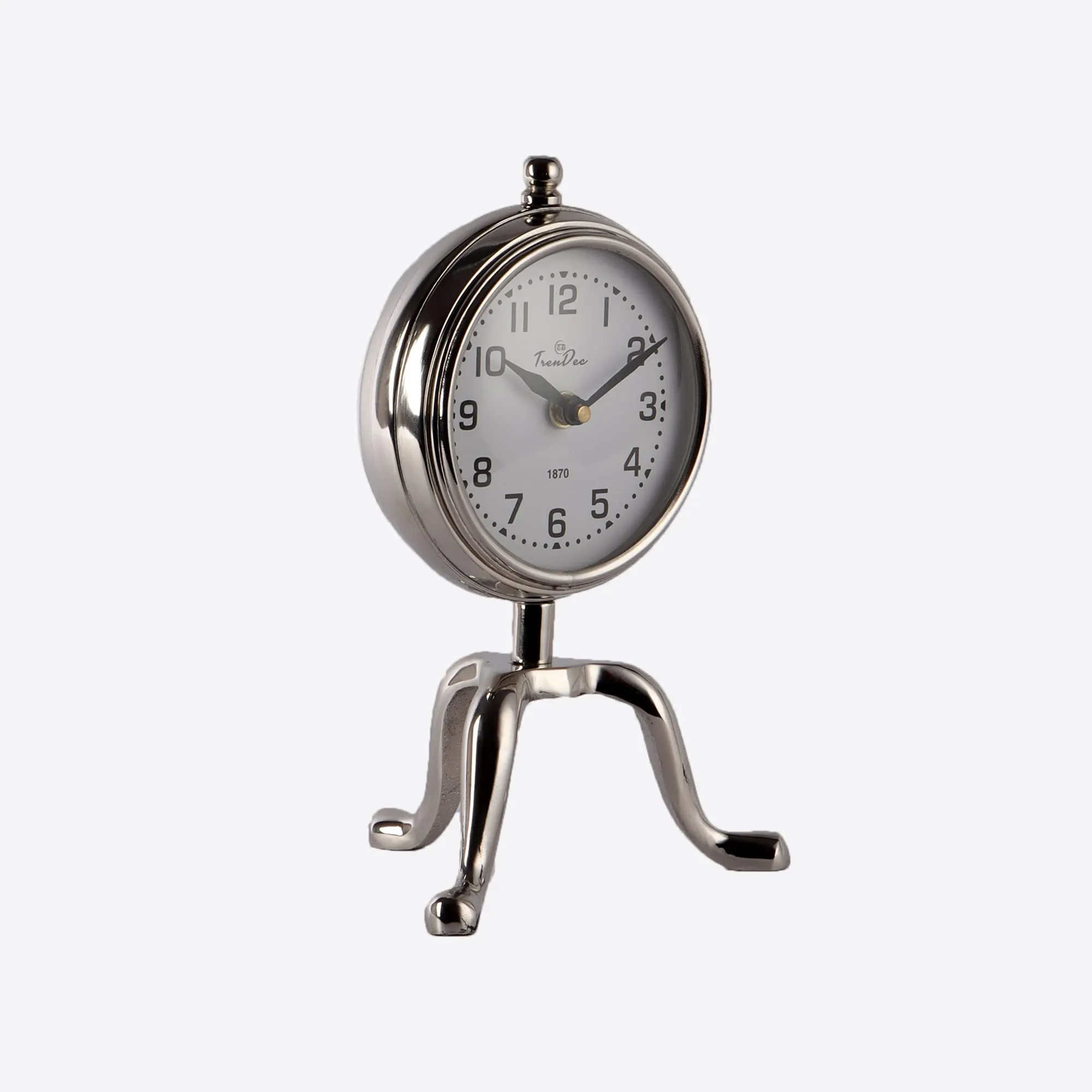 TrenDec Aluminium Metal Round Silver Finish 9" Height " Table Analog Clock For Bedroom & Office Desk | Analog Table Clock | Kitchen Office Clock | Tableware Clock (Silver Vintage-Dia: 9 Inch Height)