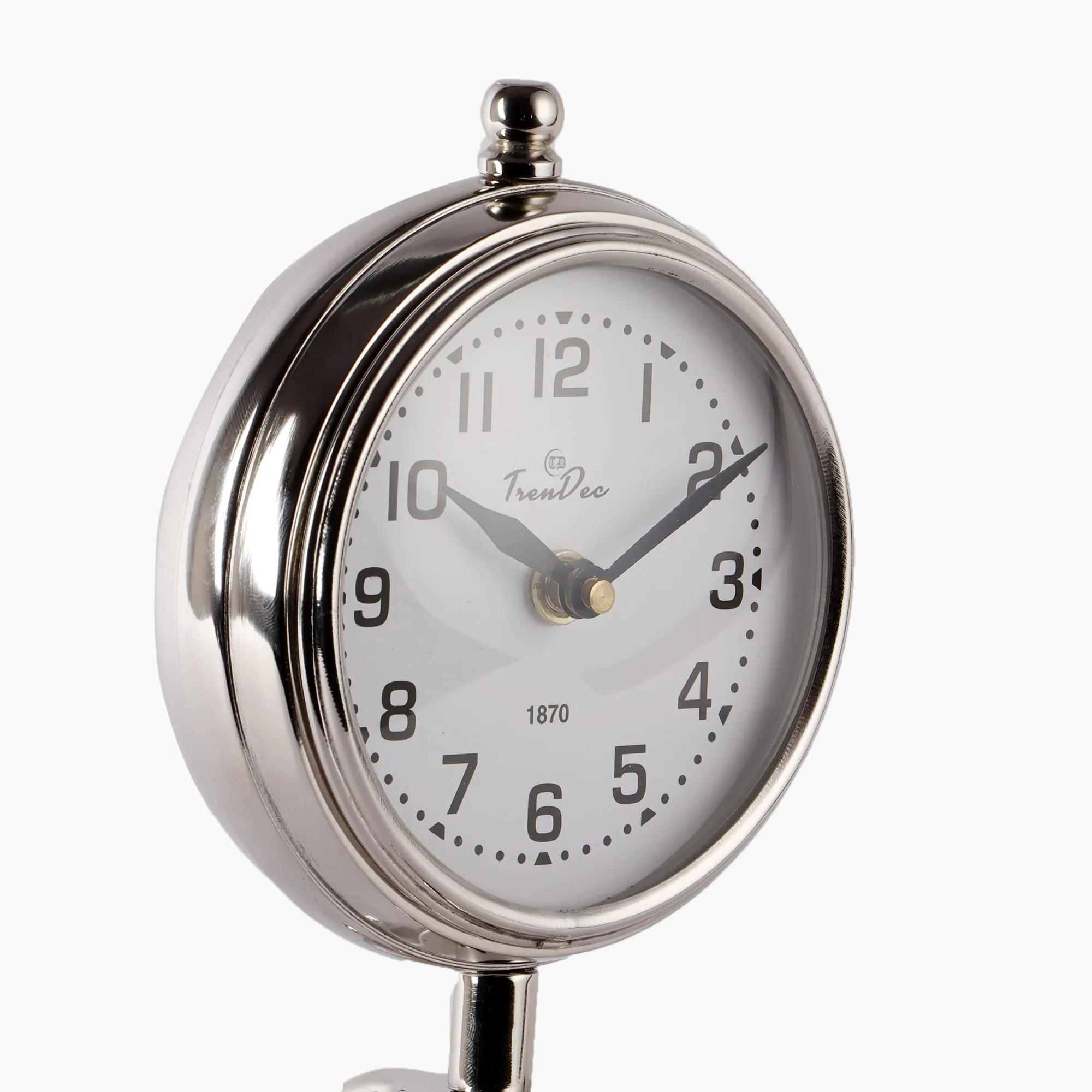 TrenDec Aluminium Metal Round Silver Finish 9" Height " Table Analog Clock For Bedroom & Office Desk | Analog Table Clock | Kitchen Office Clock | Tableware Clock (Silver Vintage-Dia: 9 Inch Height)