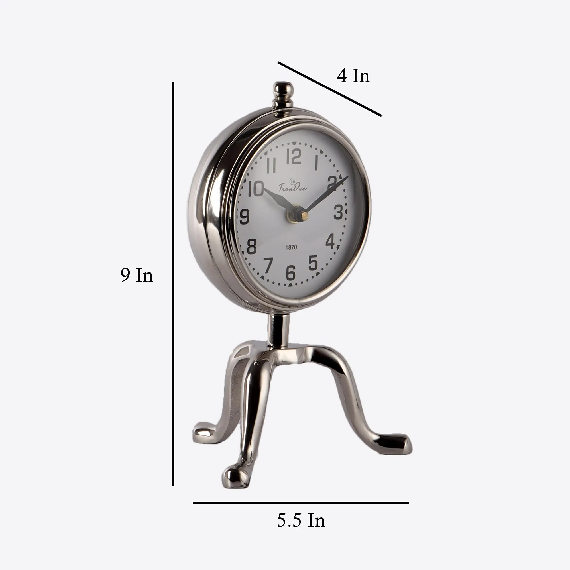 TrenDec Aluminium Metal Round Silver Finish 9" Height " Table Analog Clock For Bedroom & Office Desk | Analog Table Clock | Kitchen Office Clock | Tableware Clock (Silver Vintage-Dia: 9 Inch Height)