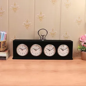 TrenDec Table Clock | 4 Time Zones | White Dials & Black Body | | Different Zone Clock | Nickel and Brown Wooden | World Timer Table Clock | Decorative Table Clock