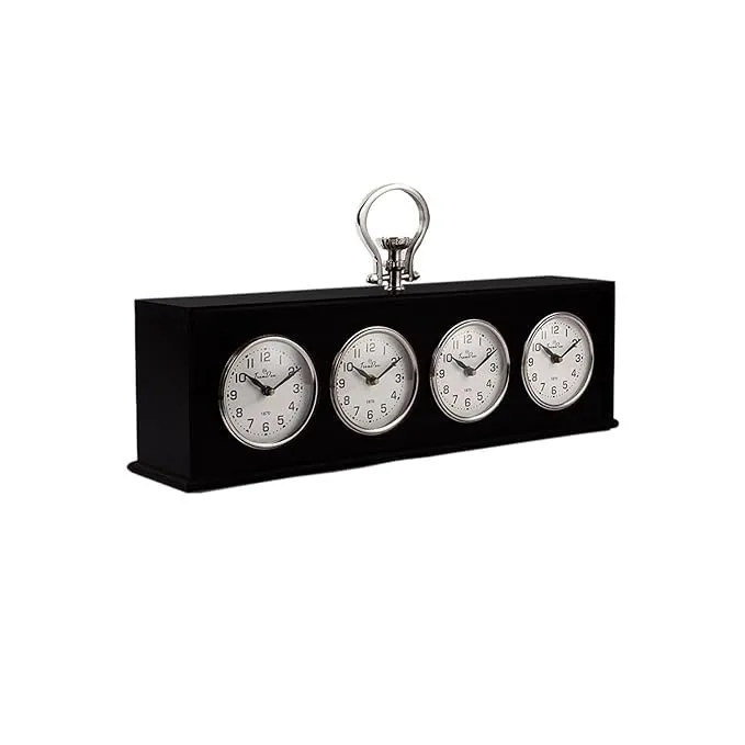 TrenDec Table Clock | 4 Time Zones | White Dials & Black Body | | Different Zone Clock | Nickel and Brown Wooden | World Timer Table Clock | Decorative Table Clock