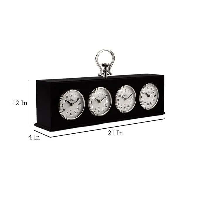 TrenDec Table Clock | 4 Time Zones | White Dials & Black Body | | Different Zone Clock | Nickel and Brown Wooden | World Timer Table Clock | Decorative Table Clock