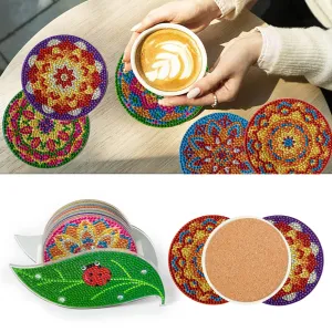 UMAI Ceramic Coasters Set of 6 with Holder (Dia - 10cm) | Dining Table Decor Accessories | Cups/Coffee Mugs/Glasses Coaster Set | Glass Cover Lid | Kitty Party Return Gifts for Women (Multicolor)
