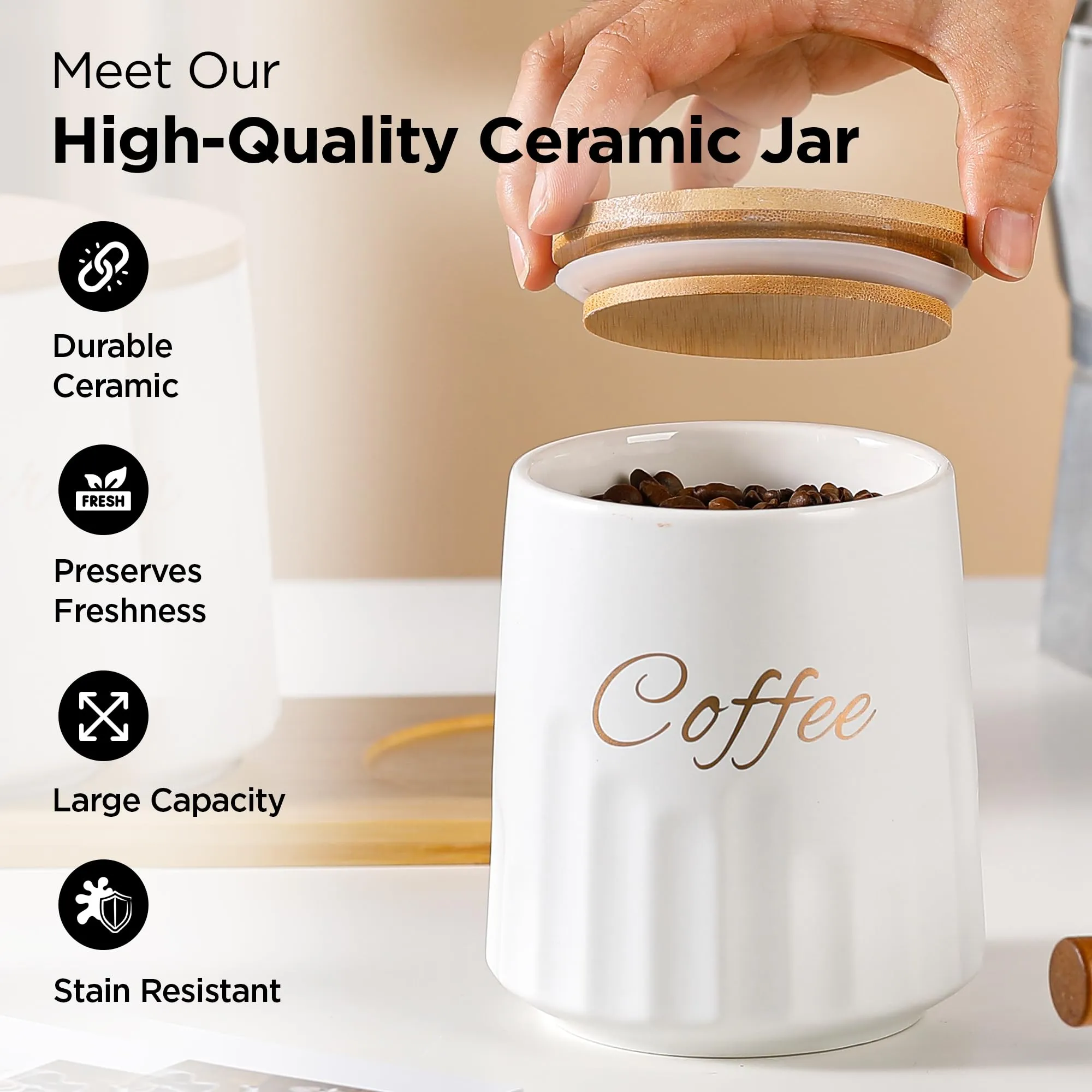 UMAI Ceramic Jars For Kitchen Storage With Bamboo Lids And Tray | Airtight Kitchen Containers Set | Kitchen Accessories Items | Multipurpose Jars For Pickles Dry Fruits Nuts Pulses | 650ml | Pack of 3