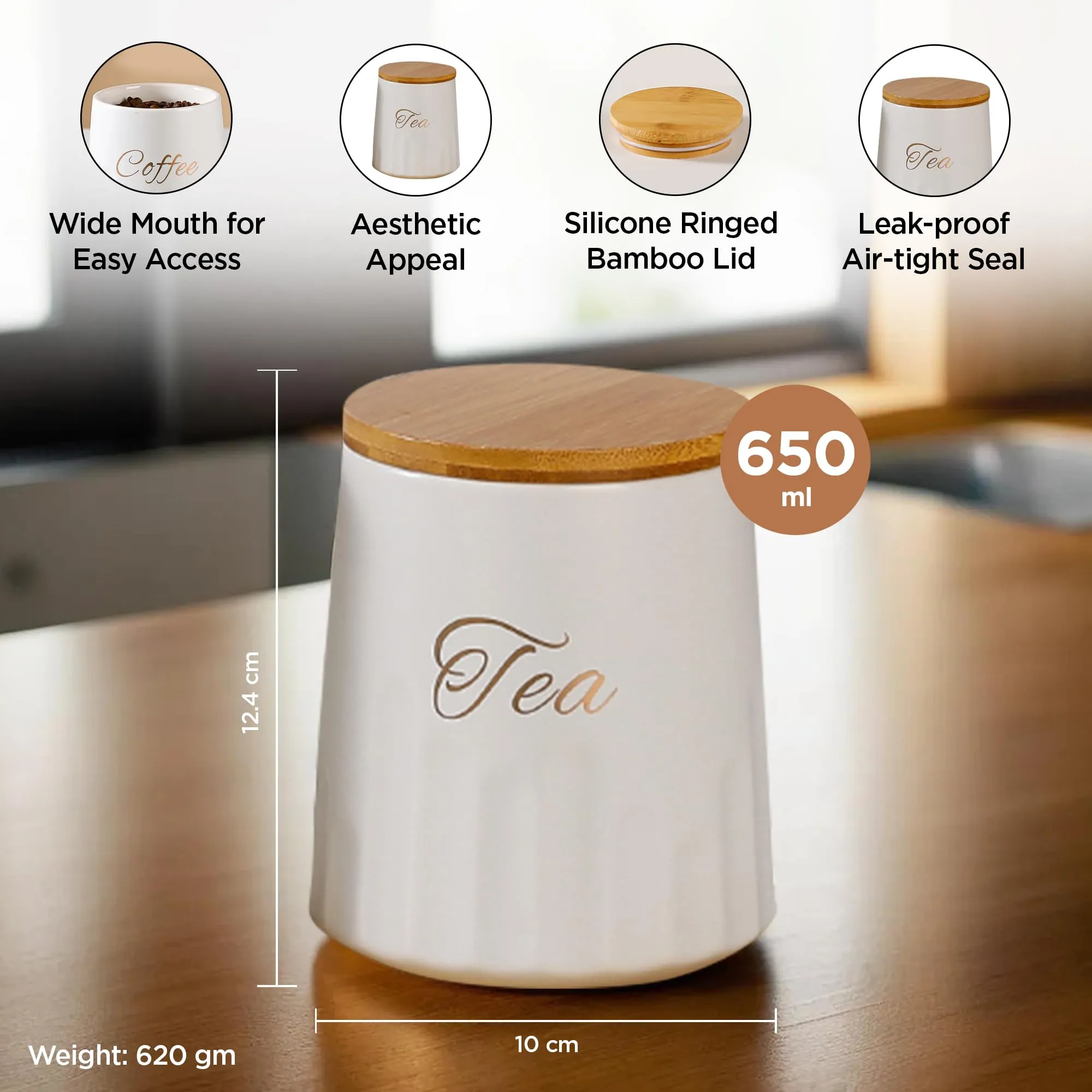 UMAI Ceramic Jars For Kitchen Storage With Bamboo Lids And Tray | Airtight Kitchen Containers Set | Kitchen Accessories Items | Multipurpose Jars For Pickles Dry Fruits Nuts Pulses | 650ml | Pack of 3