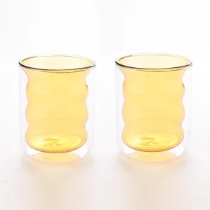 UMAI Double Wall Borosilicate Glass Coffee Mug Set of 2-200ml | Unique Curvy Design | High Thermal Resistance | Microwave/Dishwasher Safe | Gifting Pack for Friends/Couples | Yellow