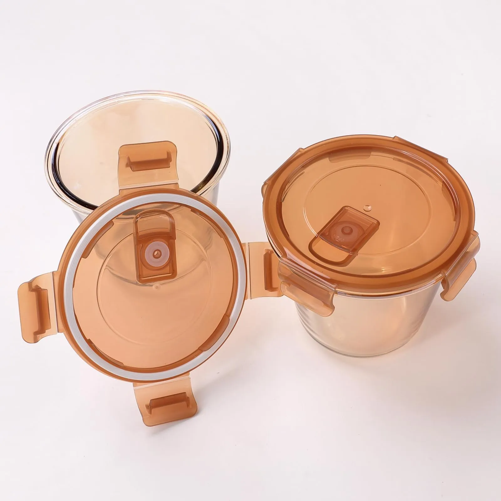 UMAI Pack of 2 Borosilicate Glass Kitchen Containers Set with Airvent Pp Lid | Airtight Round Fridge Storage Boxes for Grains, Pulses, Spices, Snacks | 610 ml Each | Amber