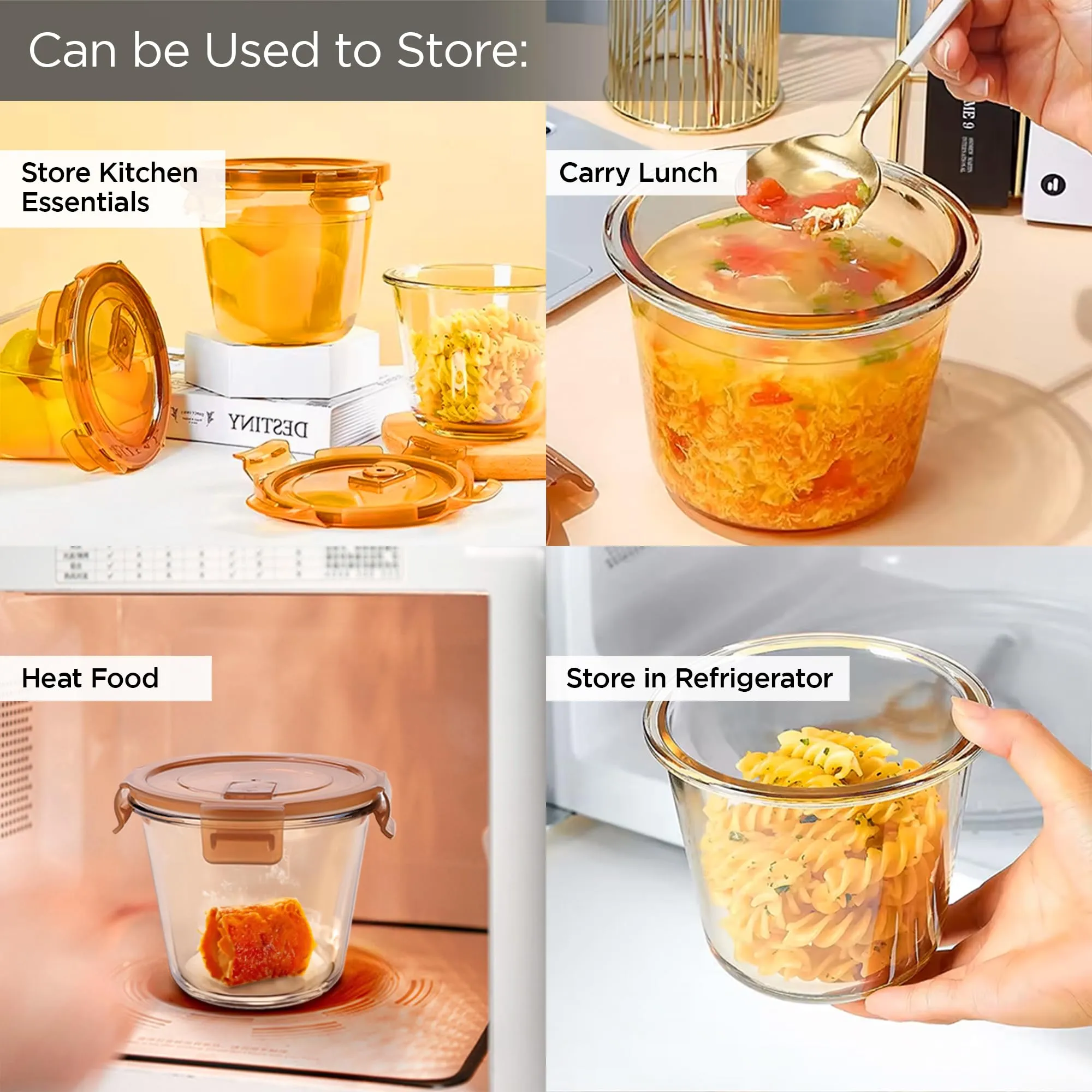 UMAI Pack of 2 Borosilicate Glass Kitchen Containers Set with Airvent Pp Lid | Airtight Round Fridge Storage Boxes for Grains, Pulses, Spices, Snacks | 610 ml Each | Amber