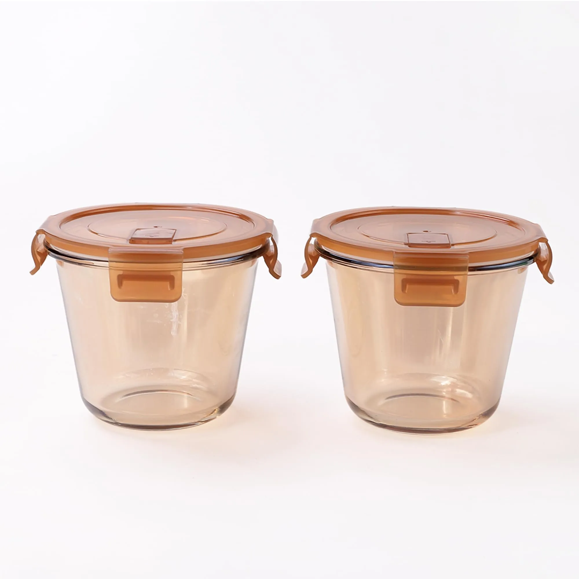 UMAI Pack of 2 Borosilicate Glass Kitchen Containers Set with Airvent Pp Lid | Airtight Round Fridge Storage Boxes for Grains, Pulses, Spices, Snacks | 610 ml Each | Amber