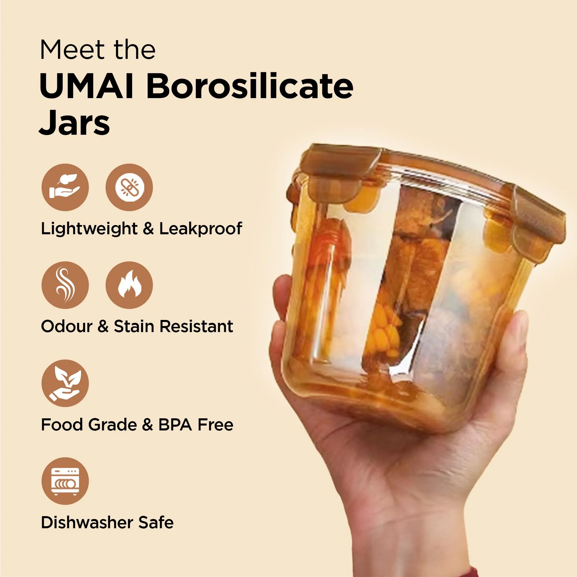 UMAI Pack of 2 Borosilicate Glass Kitchen Containers Set with Airvent Pp Lid | Airtight Round Fridge Storage Boxes for Grains, Pulses, Spices, Snacks | 610 ml Each | Amber
