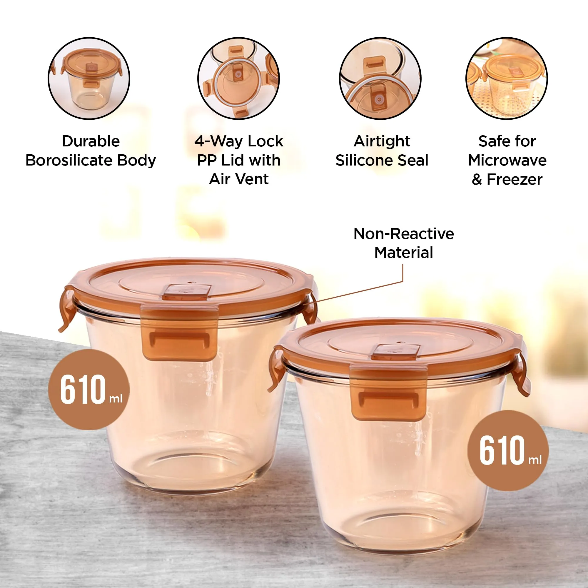 UMAI Pack of 2 Borosilicate Glass Kitchen Containers Set with Airvent Pp Lid | Airtight Round Fridge Storage Boxes for Grains, Pulses, Spices, Snacks | 610 ml Each | Amber