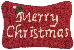versatile Hand-Hooked Wool Decorative Throw Pillow | Artist-Designed Merry Christmas Pillow, Petite Pillow for Couches & Beds, Holiday Home Decor (8 in x 12 in)