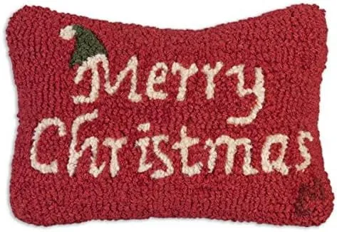 versatile Hand-Hooked Wool Decorative Throw Pillow | Artist-Designed Merry Christmas Pillow, Petite Pillow for Couches & Beds, Holiday Home Decor (8 in x 12 in)