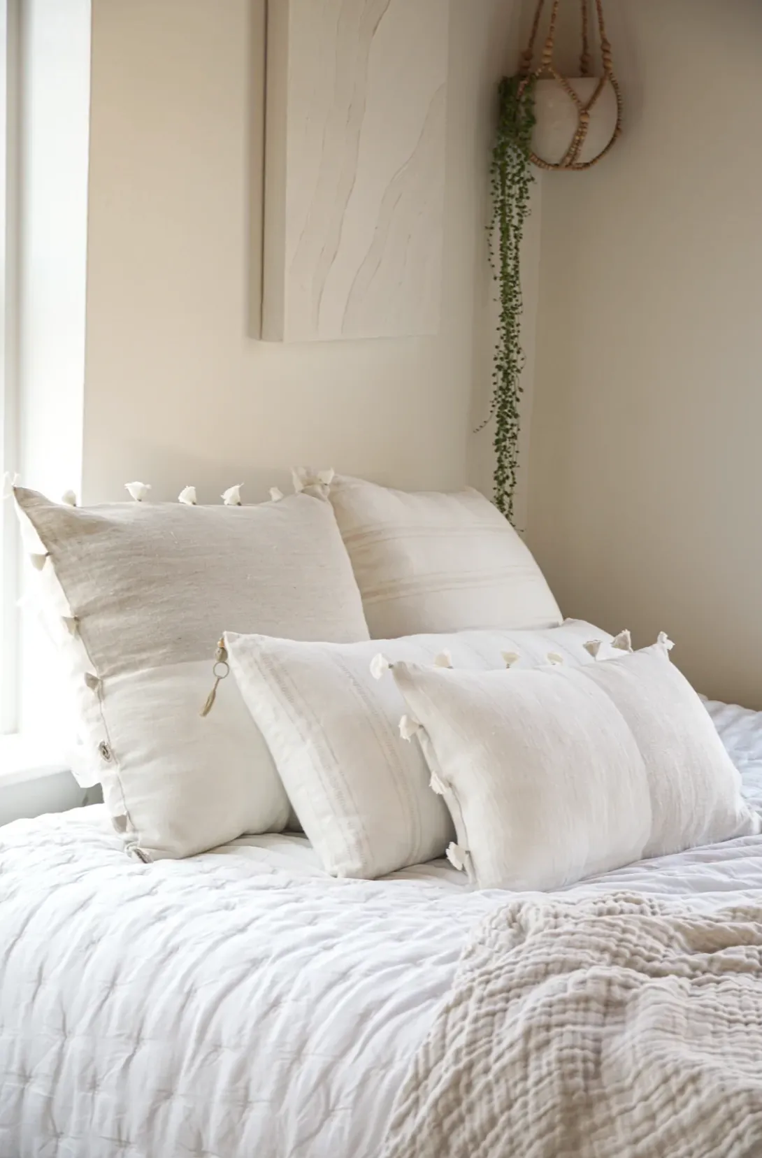 White with Beige Stripes Linen Pillows